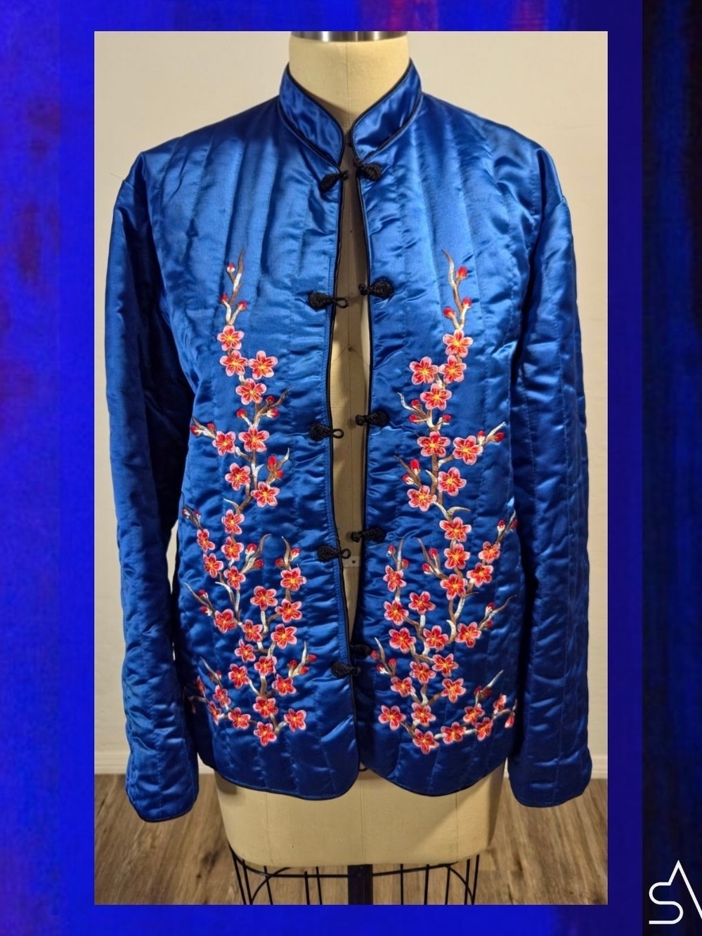 Vintage Imperial Neo-Pop Cobalt Satin Embroidered Quilted Jacket Size Large